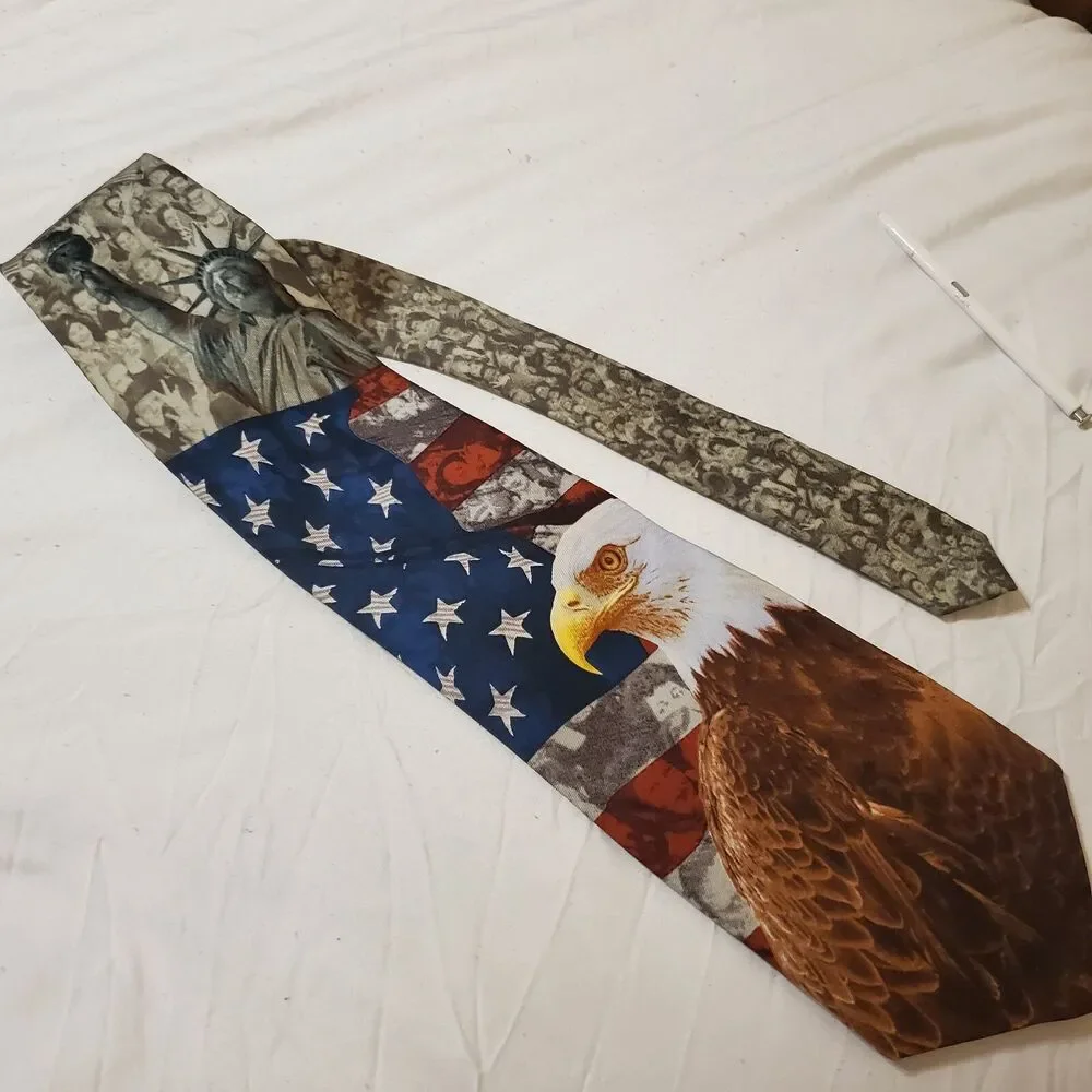 Eagles Wings Mens Silk Tie‎ Patriotic Bald Eagle American Flag Statue of Liberty